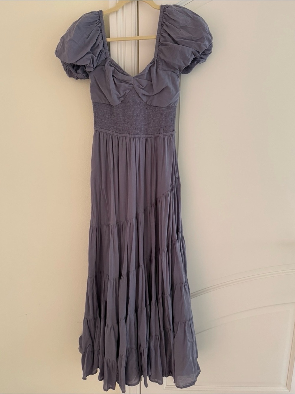 Free People Dusty Blue Puff Sleeve Tiered Maxi Dress - Picture 2 of 3